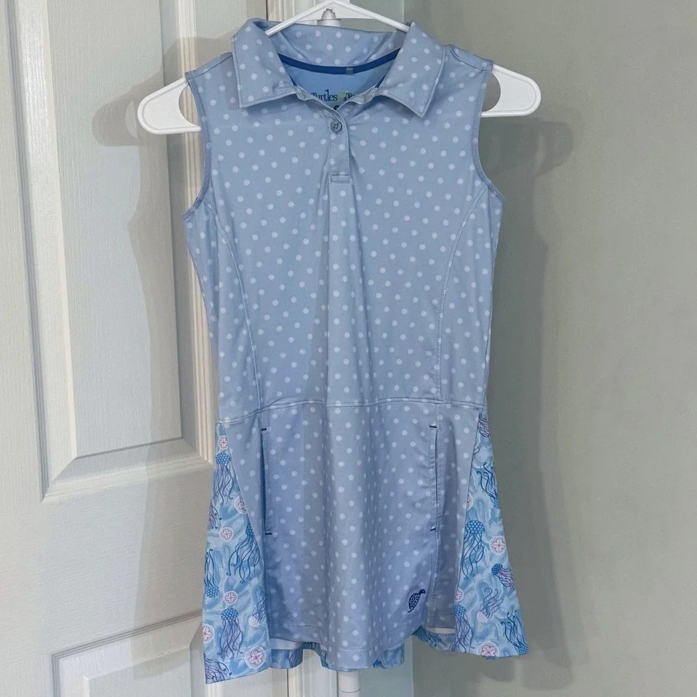 Turtles and Tees Girls Blue Polka Dot Jellyfish Sleeveless Golf Dress Size S
